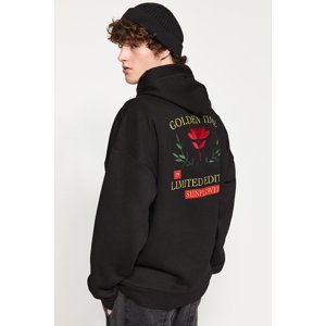 Trendyol Men's Black Oversize/Wide-Fit Hooded Floral Printed and Embroidered Fleece Sweatshirt