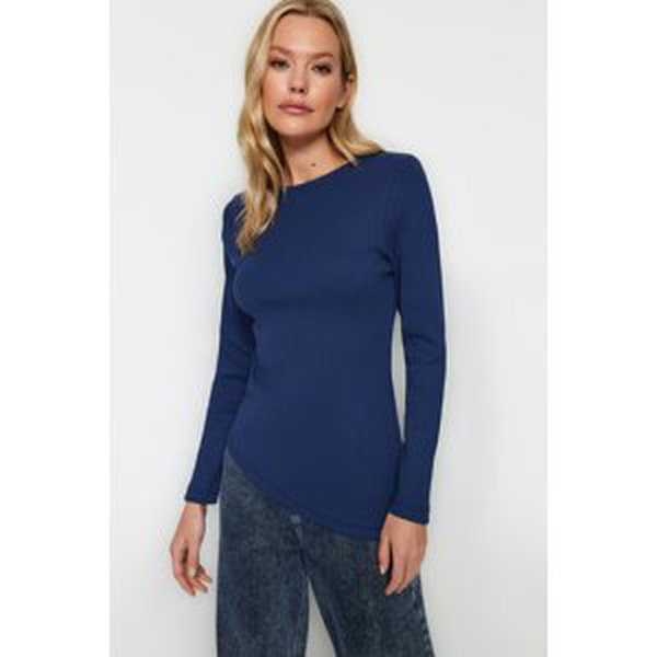 Trendyol Navy Blue More Sustainable Asymmetric Detail Ribbed Long Sleeve Flexible Knitted Blouse