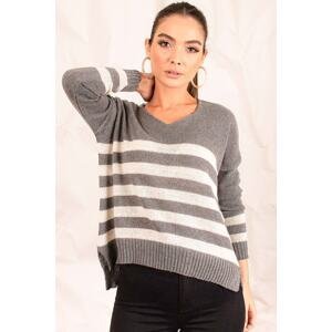 armonika Women's Gray V-Neck Striped Sweater Short In The Front