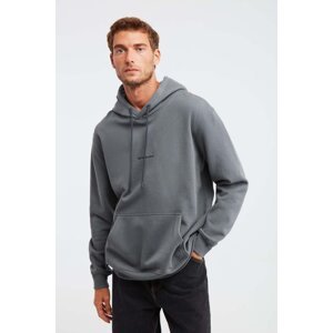 GRIMELANGE Epic Men's Soft Fabric Hooded Corded Regular Fit Embroidered Light Gray Sweatshirt