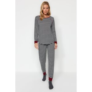 Trendyol Anthracite Multicolored Cotton Striped Tshirt-Jogger Knitted Pajama Set