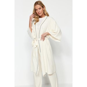 Trendyol Beige 2-Piece Viscose Ribbed Dressing Gown-Pajama Bottoms Woven Pajama Set