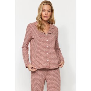 Trendyol Brown 100% Cotton Ethnic Patterned Shirt-Pants Knitted Pajamas Set