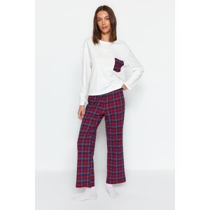 Trendyol White Premium 100% Cotton Plaid Tshirt-Pants Knitted Pajamas Set