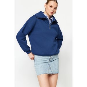 Trendyol Indigo Zipper High Neck Thick Fleece Inside Regular Fit Knitted Sweatshirt