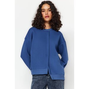 Trendyol Indigo Thick Fleece Asymmetric Detailed Crew Neck Knitted Sweatshirt