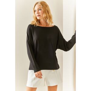 XHAN Black Boat Neck Loose Blouse