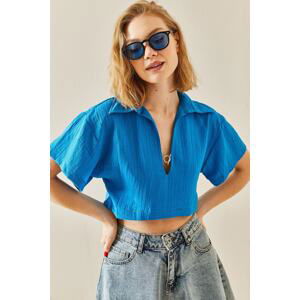 XHAN Blue Accessory Detail Textured Crop Blouse