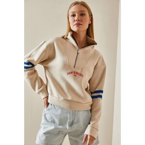 XHAN Cream Zipper Detail Printed Sweatshirt