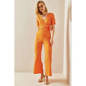 XHAN Orange Double Breasted Collar Striped Jumpsuit