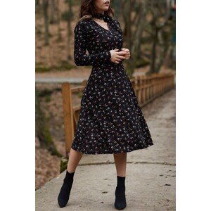 XHAN Women's Black Tied Collar Floral Patterned Dress