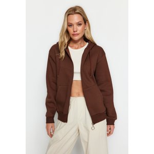 Trendyol Brown Zipper and Hooded Fleece Inner Knitted Sweatshirt