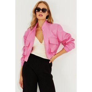 Cool & Sexy Women's Pink Faux Leather Short Bomber Jacket LST57