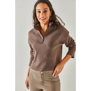 Olalook Women's Bitter Brown Zipper High Neck Raised Sweater