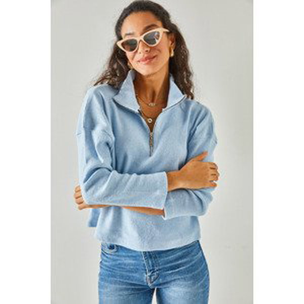 Olalook Women's Baby Blue Zipper High Neck Raised Sweater