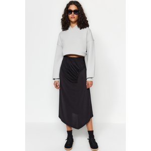 Trendyol Black Draped Detail Midi Stretch Knitted Skirt