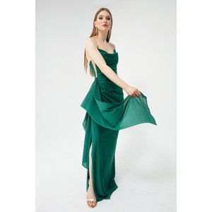 Lafaba Women's Emerald Green Chest Draped Slit Glitter Evening Dress