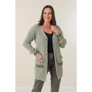 By Saygı Tasseled Patterned Plus Size Cardigan With Front Buttons And Pockets And Sleeve Ends
