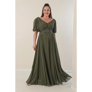By Saygı Plus Size Long Chiffon Dress Front Back V-Neck Beaded Waist and Front Draped Lined