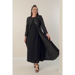 By Saygı Half Moon Sleeve Long Crepe Dress with Sequined Kaftan Lining on the Sleeves and Front Plus Size 2-Piece Set