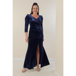 By Saygı Plus Size Velvet Long Dress With Double Breasted Collar Front Draped
