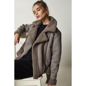 Happiness İstanbul Women's Anthracite Premium Short Nubuck Coat