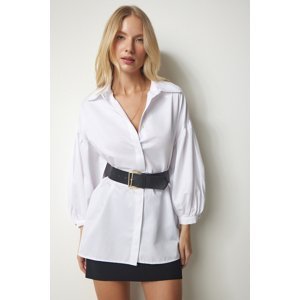 Happiness İstanbul Women's White Belted Satin Surface Woven Shirt