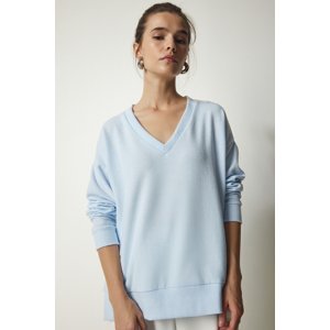 Happiness İstanbul Women's Sky Blue V-Neck Fluffy Knitted Sweater