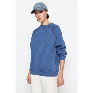Trendyol Indigo Aged/Faded Effect Thick Fleece Inside Basic Fit Raglan Sleeve Knitted Sweatshirt