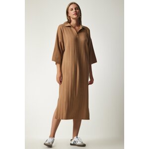 Happiness İstanbul Women's Biscuit Polo Neck Oversized Sweater Dress