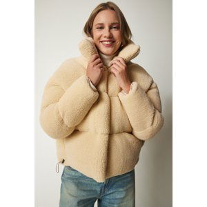 Happiness İstanbul Women's Cream High Neck Fluffy Puffer Coat