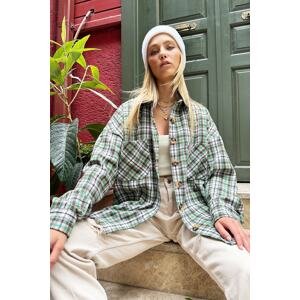 Trend Alaçatı Stili Women's Green Checkered Cachet Cotton Oversize Safari Jacket Shirt