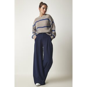 Happiness İstanbul Women's Navy Blue Pleated Palazzo Woven Pants