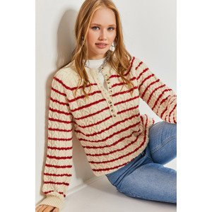 Bianco Lucci Women's Braided Collar Buttoned Striped Knitwear Sweater