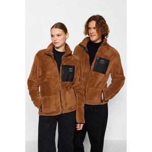 Trendyol Brown Unisex Regular/Regular Fit High Neck Zippered Pocket Detailed Plush Cardigan-Sweatshirt