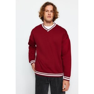 Trendyol Men's Burgundy Basic Oversize/Wide-Fit V-Neck Inner Fleece Thick Striped Knitwear Band Sweatshirt