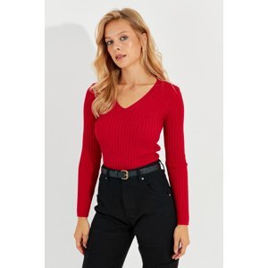 Cool & Sexy Women's Red V-Neck Ribbed Knitwear Blouse