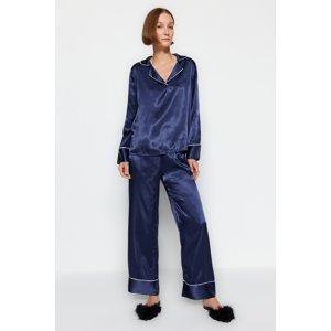 Trendyol Blue Piping Detailed Satin Shirt-Pants Woven Pajama Set