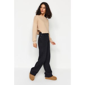 Trendyol Stone Crew Neck Relaxed Cut/Crop Oversize Fleece Knitted Sweatshirt