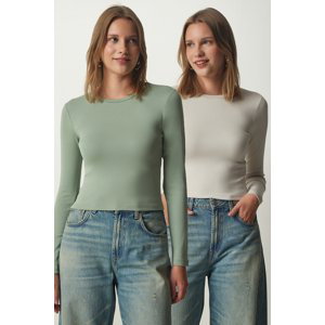 Happiness İstanbul Women's Green Stone Crew Neck Saran 2-Pack Knitted Blouse