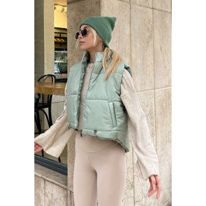 Trend Alaçatı Stili Women's Mint High Neck Double Pocket Full Filled Waist Adjustable Puffer Vest