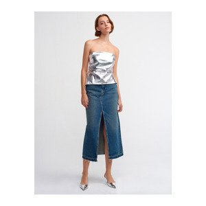 Dilvin 80555 Long Denim Skirt with Traces at the Bottom - Tint