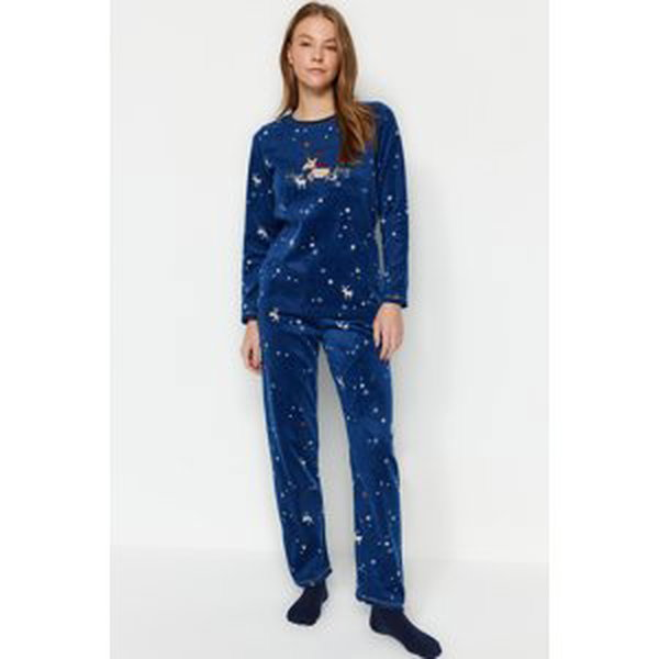 Trendyol Navy Blue Fleece Star Embroidery Detailed Tshirt-Pants Knitted Pajama Set
