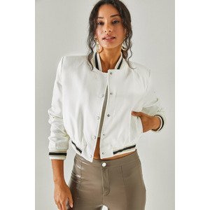 Olalook Women's White Snap Closure Pocket Lined Wadding Bomber Jacket