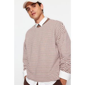 Trendyol Men's Brown Oversize/Wide-Fit Striped Fleece Inside Cotton Sweatshirt