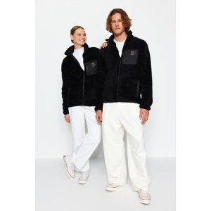 Trendyol Black Unisex Regular/Real Fit High Neck Zipper Pocket Detailed Plush Cardigan-Sweatshirt