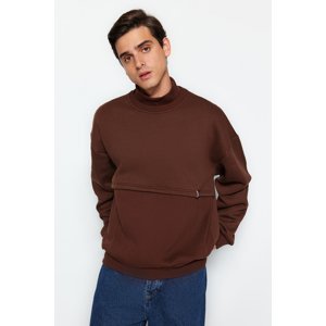 Trendyol Limited Edition Men's Brown Oversize/Wide-Fit High Neck Labeled Fleece Thick Sweatshirt