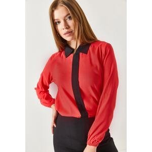 armonika Women's Coral Front Striped Shirt Collar Elastic Sleeve Elastic Blouse