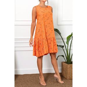 armonika Women's Orange Daisy Pattern Sleeveless Frilly Skirt Dress