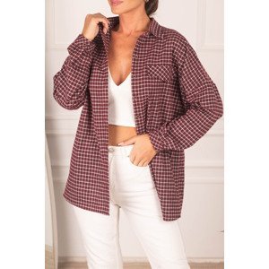 armonika Women's Burgundy Plaid Pattern Pocket Covered Oversize Cachet Shirt